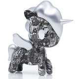 A black and silver Manga Mania Unicorno Blind Box toy by tokidoki on a white background.