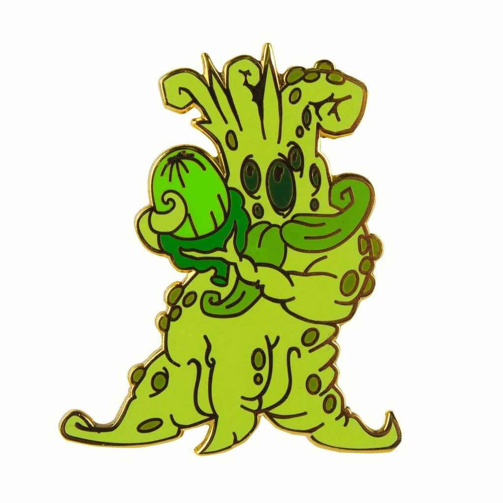 A green pin with an octopus on it from a folk tale from The Artpin Collection - Mandrake Root by Doktor A.