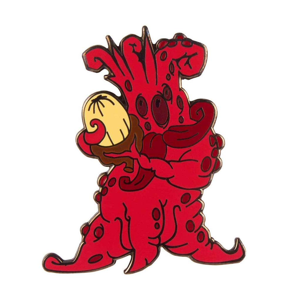 A red enamel pin featuring an octopus inspired by a folk tale from The Artpin Collection - Mandrake Root by Doktor A.