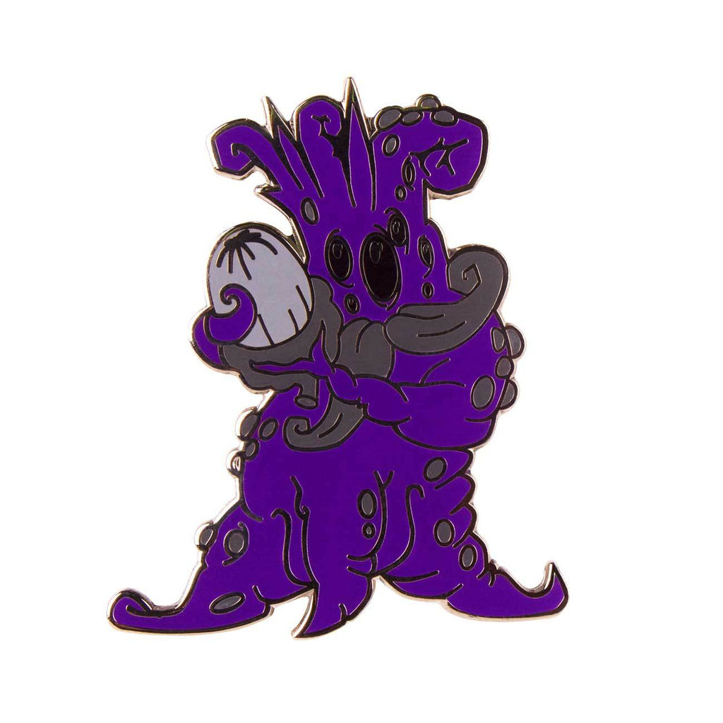 A purple pin with an octopus on it, inspired by The Artpin Collection - Mandrake Root by Doktor A folk tale.