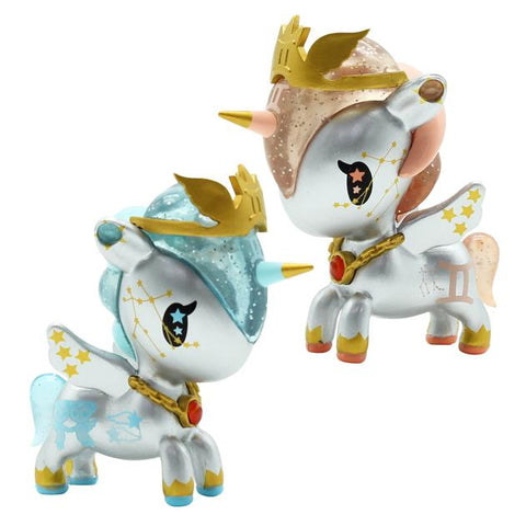 Two toy unicorns, one wearing a crown on its head, representing friendship between the tokidoki Zodiac Unicorno — Gemini (2 Pack).