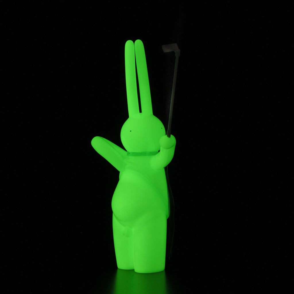 A green bunny holding The Daily Flasher by mr. clement in front of a black background.