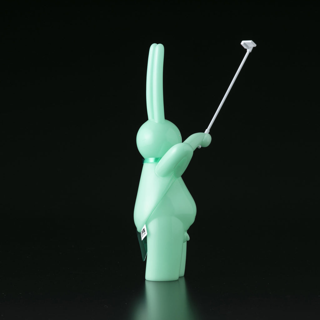 A green bunny wielding a golf club on a black background, inspired by The Daily Flasher by mr. clement's unique style.