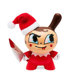 A figure wearing a Go Elf Yourself Dunny by Kidrobot and holding a knife.