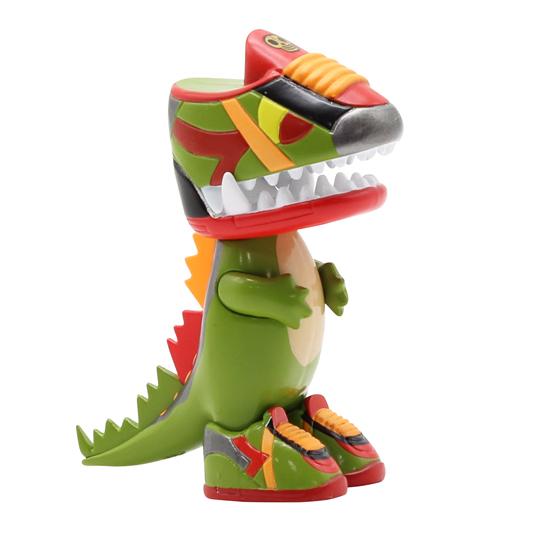 A Tokimondo Blind Box t-rex wearing a pair of shoes on its head from the tokidoki series.