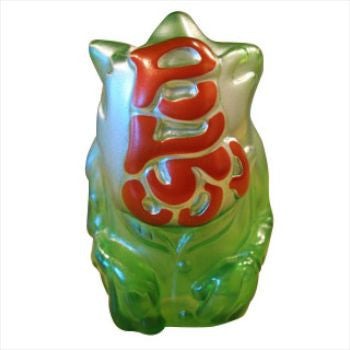 A Popsoda Finger Puppet - Clear Green with red and white writing, perfect for a puppet show.