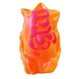 A Popsoda Finger Puppet - Orange with pink letters on it.