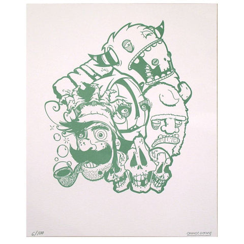 A signed and numbered edition Inked Pulp Print featuring a green drawing of a man and a woman by OhNo!Doom, a Chicago art collective.