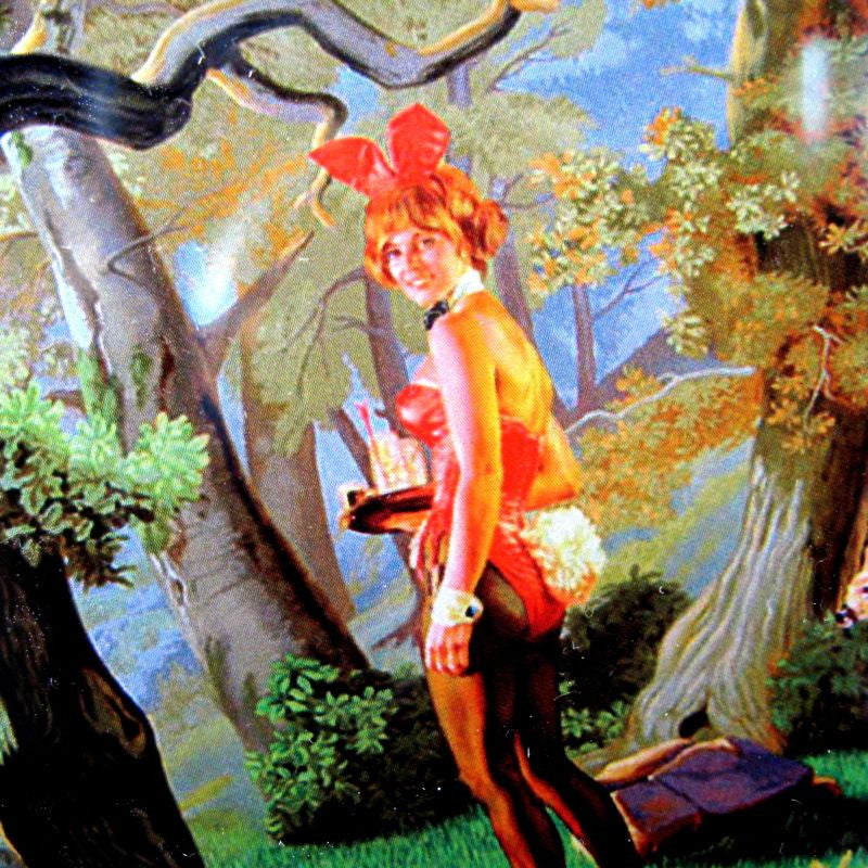 A limited edition Ain Cocke Playboy Redux Acrylic Magnet of a woman in a bunny costume in the woods, featured at the Playboy Redux exhibit by Rotofugi.