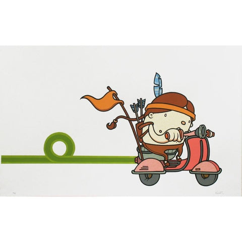 A screenprint of a boy riding a scooter: Untitled (Scooter) Screenprint by Mike Budai