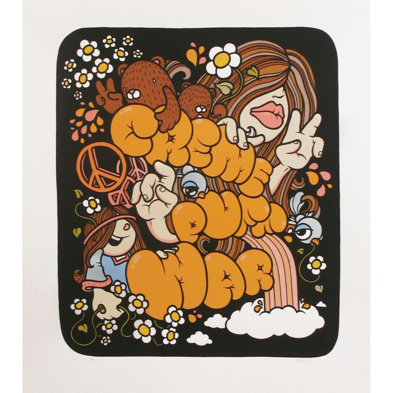 A black and white illustration of a girl with a flower on her head, suitable for Creme Not Cream Screenprint by Mike Budai.