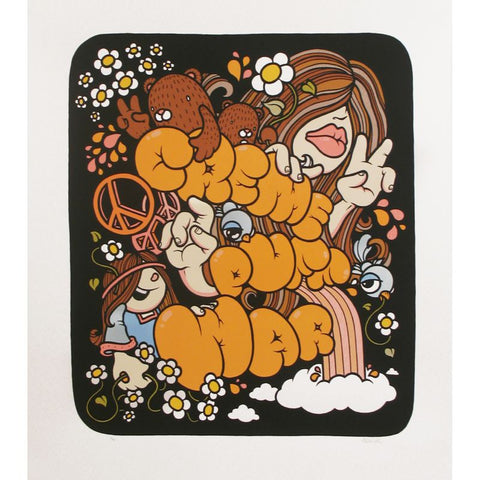 A black and white illustration of a girl with a flower on her head, suitable for Creme Not Cream Screenprint by Mike Budai.