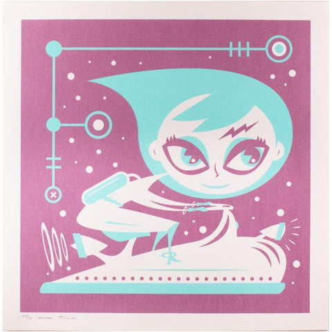 A Glider Print of a girl with blue hair on a spaceship, part of Mark 'Atomos' Pilon's edition.