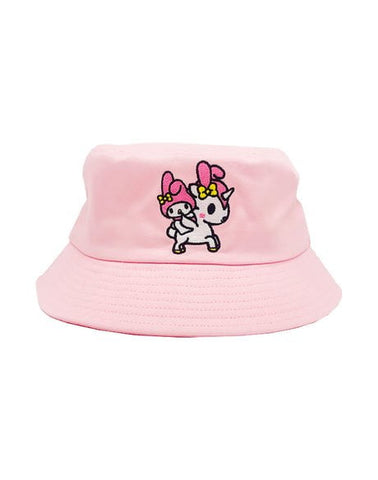 A pink My Melody Bucket Hat by tokidoki with an embroidered Unicorno unicorn on it.