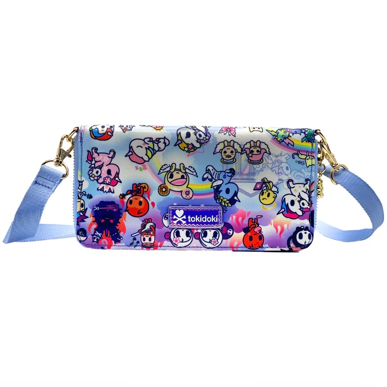 A Naughty or Nice Long Wallet with Strap from tokidoki decorated with nice cartoon characters on it.
