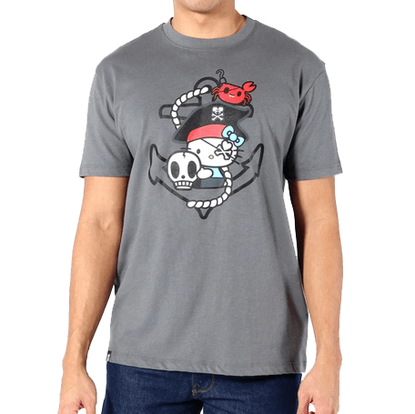 A man wearing a grey Tokidoki x Hello Kitty - Anchor Kitty Tee with a skull and anchor on it.