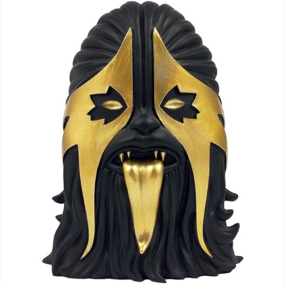 A limited edition Thrashbacca - 4 inch Black and Gold Edition statue of a man with a beard by MintyFresh (NL).