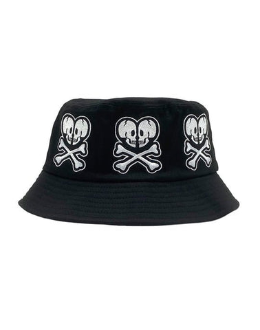 An embroidered black Tagged Bucket Hat with a skull and crossbones design, perfect for Emo style by tokidoki.