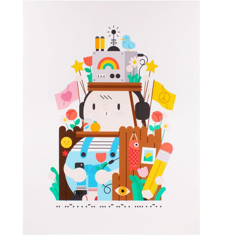 An illustration of a boy with a flower on his head, available in I Feel Safe Here Print by Tony Rabit Edition.