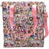 A pink Kawaii Confections tote bag with a lot of cartoon characters, such as tokidoki, on it.