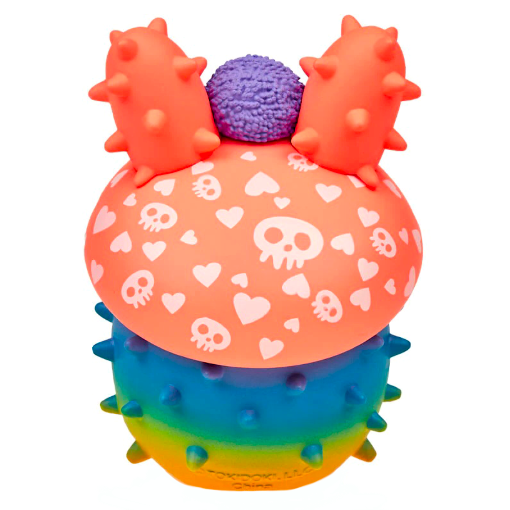 A colorful cactus toy with a skull on top, part of the limited edition tokidoki Cactus Bunnies Series 2 Special edition Figurine collection.