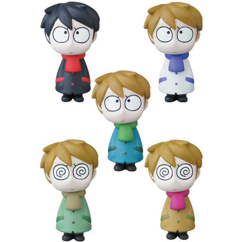 A collection of five vinyl toy figurines named "VAG Series 25 — Edward the Timid Friend by SONIC," crafted by Medicom (JP), featuring cartoon-style designs with wide eyes and diverse clothing colors, evocative of Japanese vinyl toy artistry.