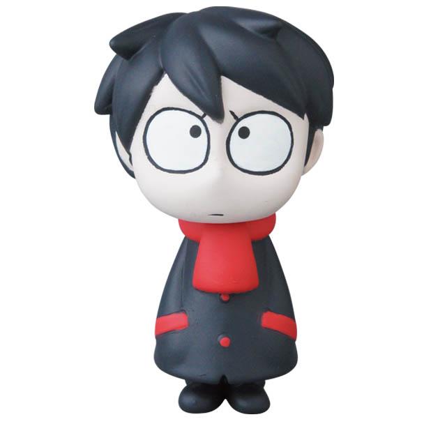The VAG Series 25 β Edward the Timid Friend by SONIC, a creation from Medicom (JP), features a cartoon character with black hair, wide eyes, and a red scarf, dressed in a black coat with red accents reminiscent of Japanese vinyl toy artists' designs.
