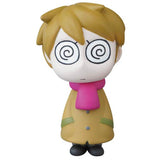 The VAG Series 25 β Edward the Timid Friend by SONIC, produced by Medicom (JP), features a cartoon character with spiral eyes, wearing a tan coat and pink scarf. This figure stands with a blank expression, evoking the style of Japanese vinyl toy artistry.