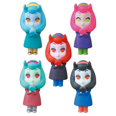 Five vibrant VAG Series 25 — Maria figures by Asami Matsumura (Medicom JP) with horn-like hair and large eyes are displayed in two rows, highlighting the playful charm of Japanese vinyl toy design against a white background.