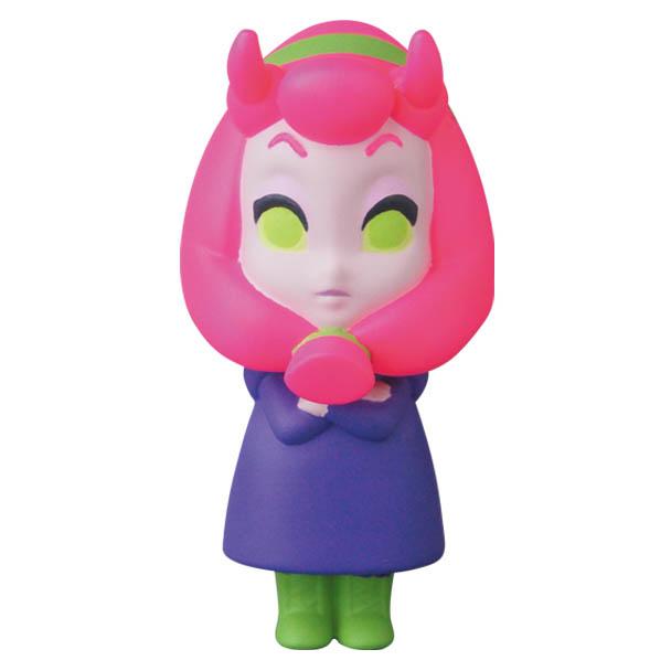The VAG Series 25 — Maria by Asami Matsumura (Medicom JP) is a stylized gachapon figure with pink hair, neon green eyes, a purple dress, green boots, and holds a pink object while standing upright.