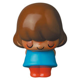 A small figurine of a girl with brown hair and blue dress created by Japanese vinyl toy artists - VAG Series 28 — A.girl by Seri★Norica from Medicom (JP).