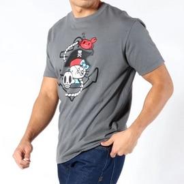A man wearing a grey Tokidoki x Hello Kitty - Anchor Kitty Tee with a pirate on it.
