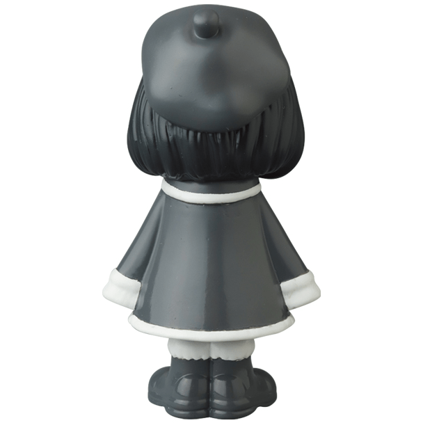 A black and white figurine of a girl wearing a hat, reminiscent of Japanese vinyl toy artists, like the VAG 31 β Uramy and Tsurami by Medicom (JP).