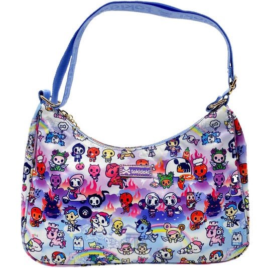 A purse adorned with cartoon characters from the Naughty or Nice Everyday Shoulder Bag collection by tokidoki.