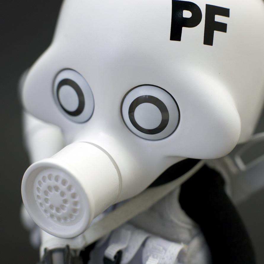 Close-up of a white protective Playge (HK/US) Squadt GERM S006 [PEACE F***ER] mask with 