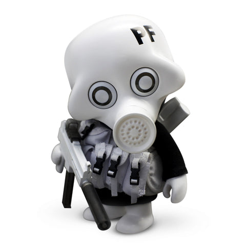 A Playge (HK/US) Squadt GERM S006 [PEACE F***ER] collectible toy figure dressed as a soldier with a gas mask and firearm.