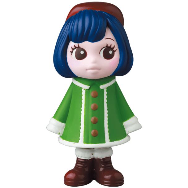 A figurine of a girl with blue hair from the VAG 31 β Uramy and Tsurami series, dressed in a green coat by Medicom (JP).