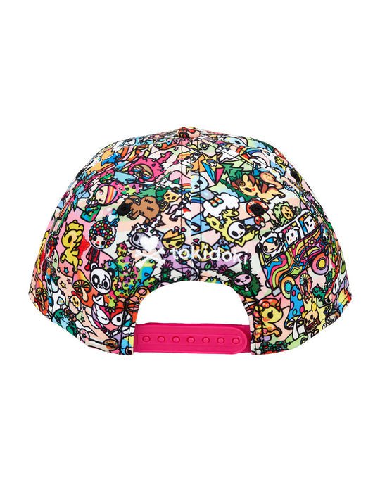 A hat with a lot of cartoon characters, like tokidoki Groovy Day Out Snapback, on it.