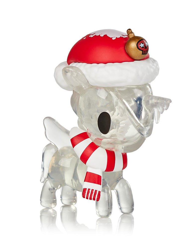 A tokidoki Unicorno Holiday Series 4 Blind Box with a Santa hat and scarf.