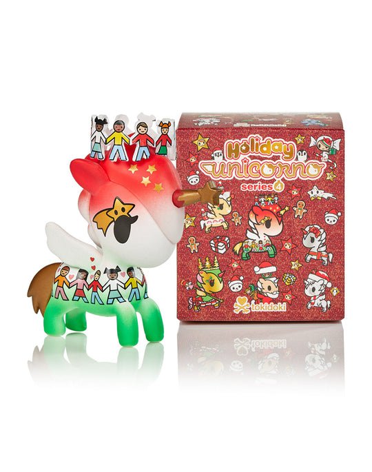 A Unicorno Holiday Series 4 Blind Box by tokidoki next to a blind box.