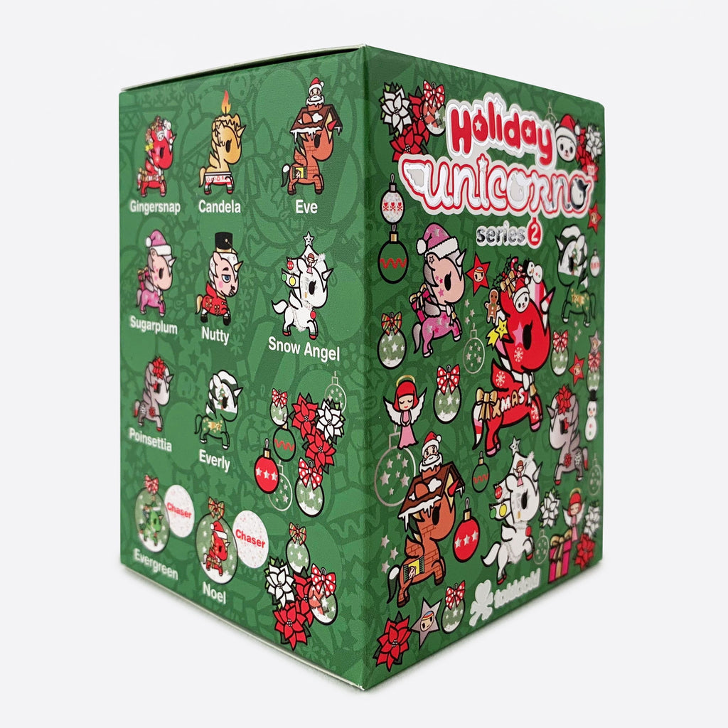 The tokidoki Holiday Unicorno Series 2 Blind Box features festive unicorn characters, holiday décor, ornament-style chase figures, and a character name list on the left side of its green packaging.