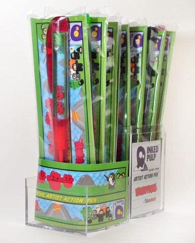 A set of Wee Devil Action Pens in a clear display case with a Ninjatown theme by Inked Pulp (US).