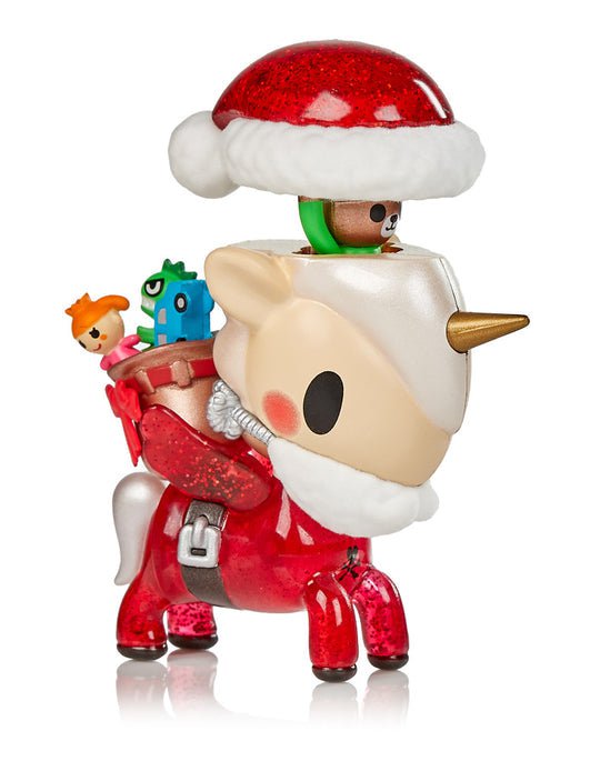 A unique figurine featuring a Santa Claus riding a unicorn, perfect for Christmas - the tokidoki Holiday Unicorno Limited Edition Jolly.