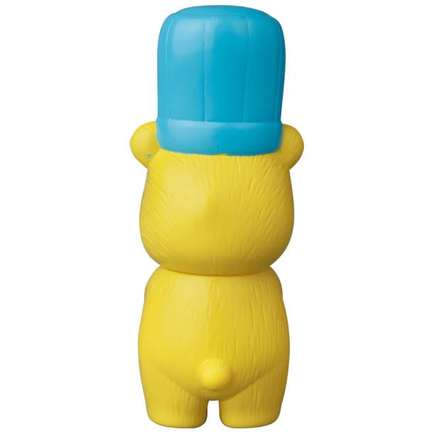 A yellow bear in a blue hat, inspired by Japanese vinyl toy design, VAG Series 28 β Koguma Kekiyasan by Kamentotsu from Medicom (JP).
