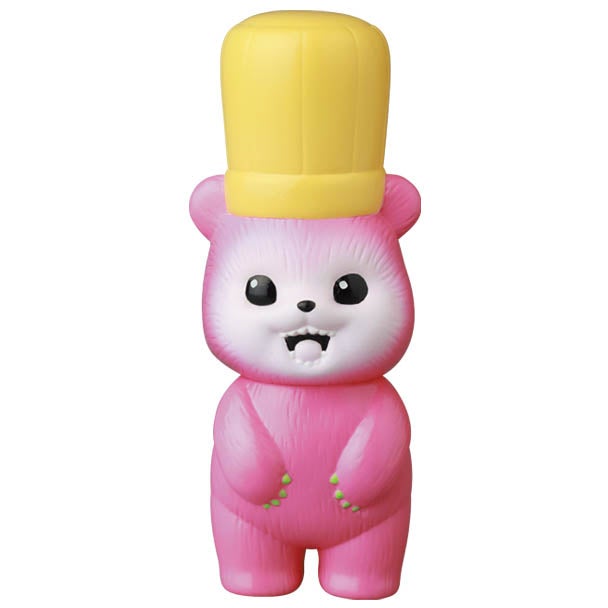 A cute pink toy bear wearing a yellow hat, inspired by Japanese vinyl toys, VAG Series 28 β Koguma Kekiyasan by Kamentotsu from Medicom (JP).
