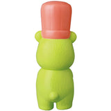 A green VAG Series 28 toy bear with a pink hat on its head, modeled after Koguma Kekiyasan by Kamentotsu, by Medicom (JP).