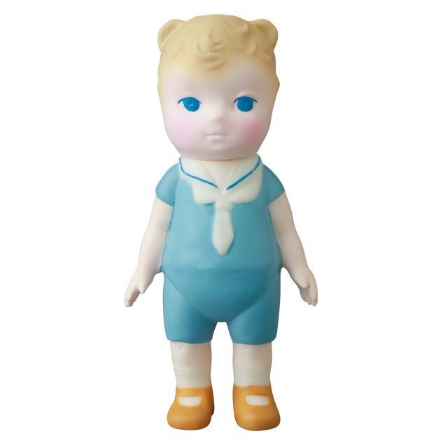 A blue doll with blue eyes designed by Japanese vinyl toy artists. 
Product Name: VAG 30 β Kumamimichan
Brand Name: Medicom (JP)