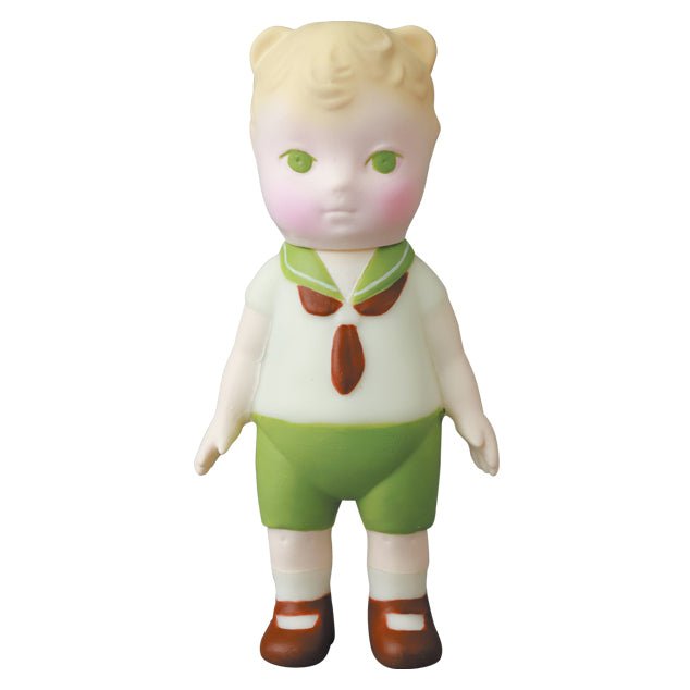 A Medicom (JP) VAG 30 β Kumamimichan toy doll in a green shirt and tie.