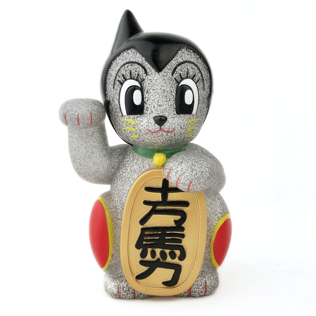 A Maneki-Astro — Silver Metallic Flake — Rotofugi Exclusive figurine with Chinese writing on it by DoomCo Designs (US).