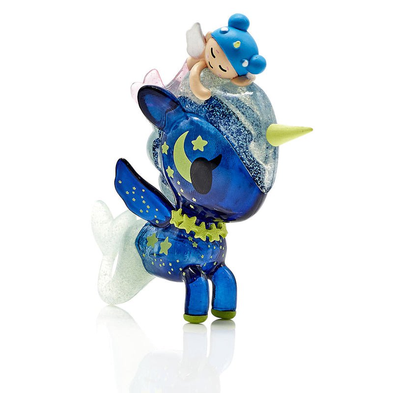 A figurine from the tokidoki Mermicorno Series 7 Blind Box, this blue unicorn features a star on its head. Each blind box contains surprises!